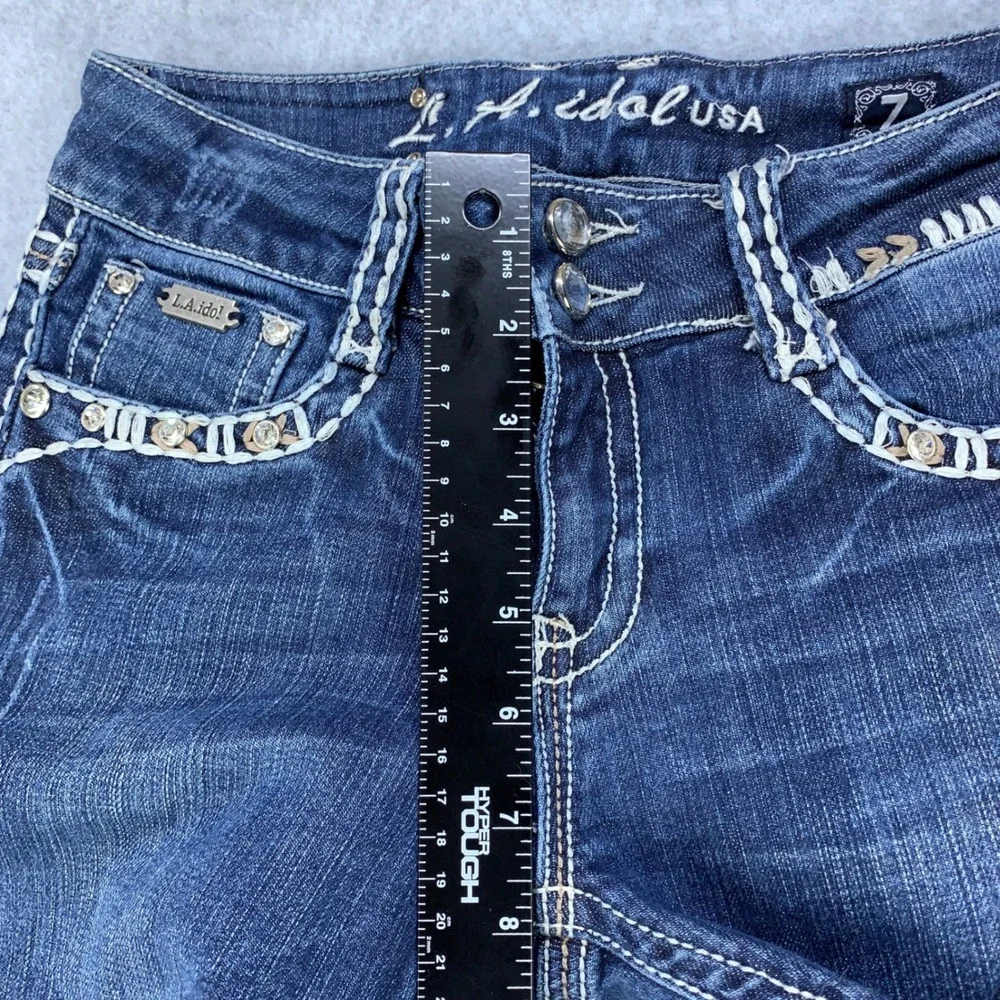 L.A. Idol Bootcut Jeans Womens 7 Blue Rhinestone Embroidered Pockets Stretch